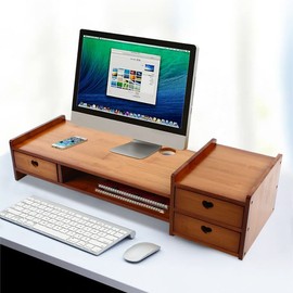 YIYIBYUS Monitor Stand Riser with 3 Drawers 2-Tier Bamboo Wood Computer Riser,Laptop Drawer Storage Office Desk Tray Organizer