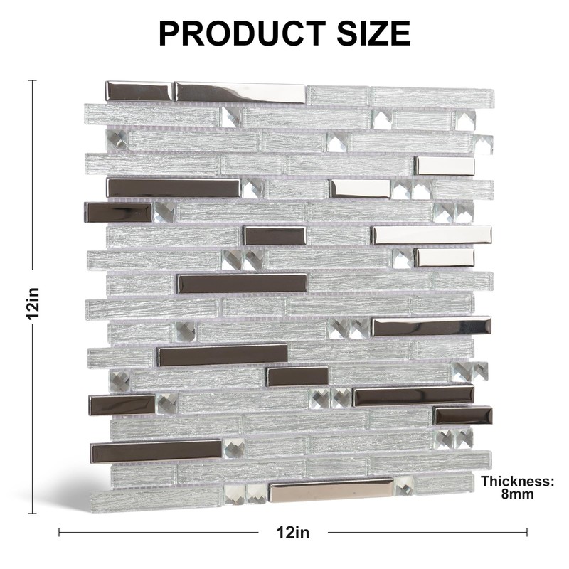 SODI MOSAIC White & Silver Glass Mosaic Backsplash Tiles, 12"