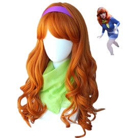 Ginger orange wig Adult Women Halloween Costumes,daphne costume wig 24inches long wavy ginger wigs with headpiece and scarf for women halloween costume (lw3628-1)