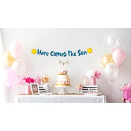 Here Comes The Son Glitter Banner - Baby Shower Decorations for Boy - Blue Gender Reveal Party Garland