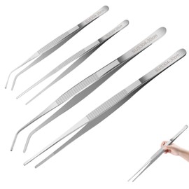 Kitchen Tweezers Set 7.9" & 1.8" Inch Stainless Steel Tongs Curved Head and Straight Head Tweezers Set of 4 with Precision Serrated Tips for Cooking