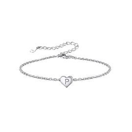 Silvora S925 Silver Women's Bracelets with Letter A-Z Mini Small Initial Heart Pendant Silver Colour 16 cm + 5 cm Extension Chain for Women Girls, Sterling Silver, Cubic Zirconia