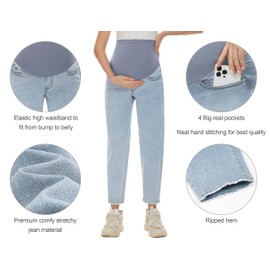 POSHGLAM Women's Maternity Jeans Over Belly Comfy Stretch Boyfriend Jeans Raw Hem Denim Pants(Light Blue 26'', X-Large)