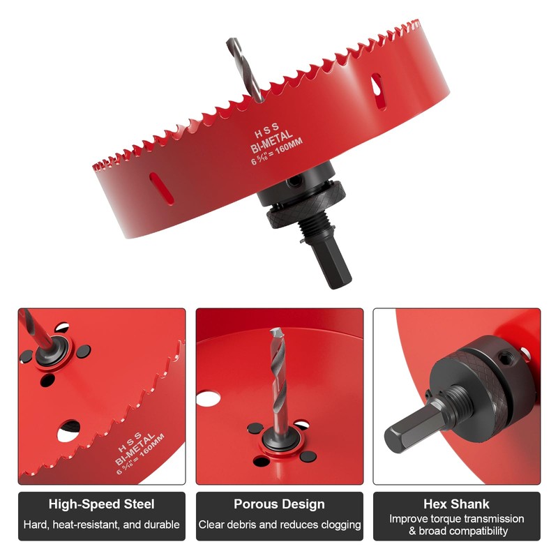 6-5/16 Inch (160mm) M42 Bi-Metal Hole Saw, Hex Shank Hole