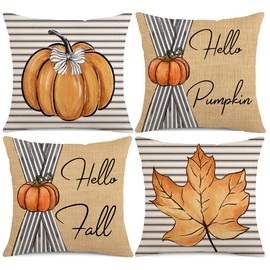 Auomily Fall Throw Pillow Covers 20x20 Inch Set of 4, Hello Pumpkin Maple Leaves Thankful Striped Orange Autumn Seasonal Holiday Decorative Farmhouse Decoration for Home