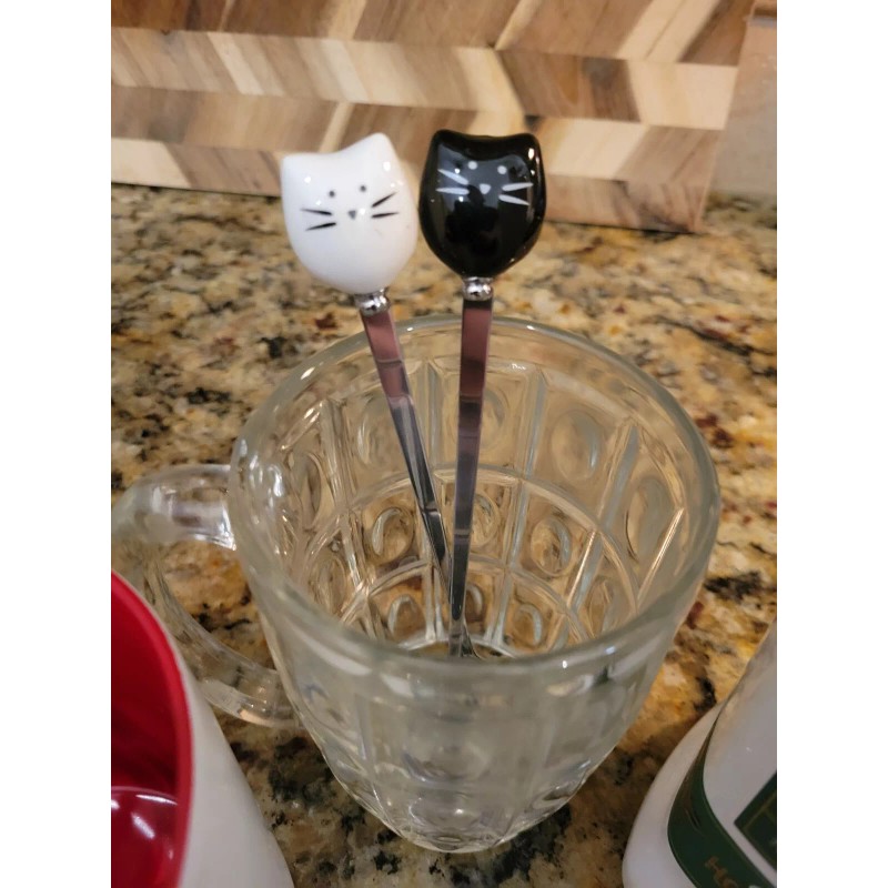 Kefley Cute Cat Spoon for Tea Coffee Ceramic Stainless Steel