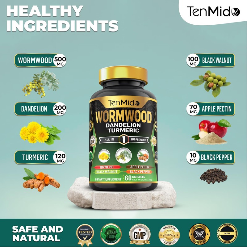 Wormwood Supplement - 6in1 with Dandelion, Turmeric, Black Walnut, Apple