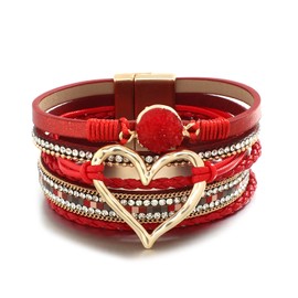 hotoo Leather Wrap Bracelet for Women Red Beaded Cuff Bracelet with Heart-shape Decor Bohemian Crystal Bracelet Jewelry with Clasp Bangle Bracelet for Women Birthday Holiday Gift