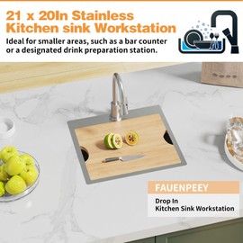 Kitchen Sink Workstation, 21x20 In Stainless Steel Drop In Single Bowl Built-in Ledge Small Topmount Workstation Kitchen And Bar Sink With Accessory-SS Grid Cutting Board,Silicon Mat,Drain Assembly