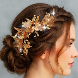 Yean Diadema De Flores Doradas Con Mariposas, Accesorio Para El Cabello Con Cristales Para Mujeres Y Niñas (Dorado, Talla Única)