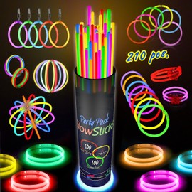 210 Pcs Colorful Glow Sticks Party Pack - 100 8' Glow Sticks, 100 Connectors and Fun Accessories - Great For Party Supplies - Glow in The Dark Glowing Sticks Fun Party Pack with 8" Glowsticks And Connectors For Weddings, Birthdays And More.