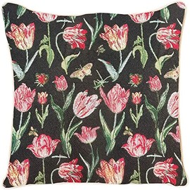 Ulticool - Cushion Cover - Tulips Black Butterfly Flowers - Jacquard Tapestry Fabric - Exclusive Cushion Filling - Decorative Cushion 45 x 45 cm - Sofa Cushion for Decoration - Red Green
