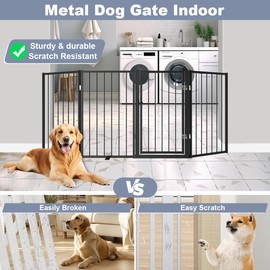 flower frail Free Standing Dog Gate with Door,80' Extra Wide 32' Tall Metal Dog Gates for Doorways, Foldable Pet Gate Fence Indoor & Outdoor for Stairs,Hallways,Decks,Porch,Yard (4 Panels,Black)