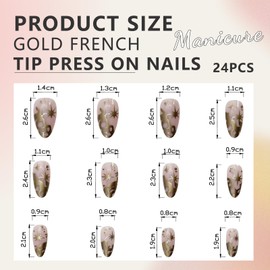 Cosmeria Golden Glue-On Artificial Nails, 24 pcs. Short Almond Shape, Reusable ABS Fingernails, Perfect For Parties And Festive Occasions