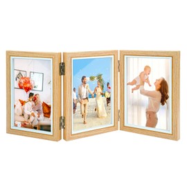 TESSTSY 3 Photos Foldable Picture Frame Collage 10 x 15 cm Folding Wooden Photo Frame with Glass Panel Picture Frame 3 Photos for Wedding Family