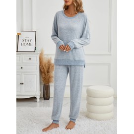 Famulily Womens 2 Piece Workout Sets Winter Outfits Crewneck Split Hem Tops with Yoga Joggers Pant Blue S