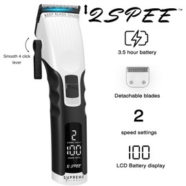 Supreme Trimmer 2Spee Hair Clipper (3.5 Hour Use) Removable Blades, 2 Speeds, Battery Display | Cordless Professional Barber - Easy Color Coded Guide Combs | STC922 White