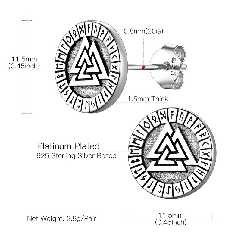 Suplight 925 Sterling Silver Valknut Viking Rune Stud Earrings Flat