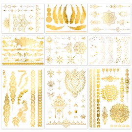 HOWAF 9 Sheets Gold Tattoos Temporary Metallic Tattoos, Gold Temporary Tattoos Mandala Lace Festival Tattoo Stickers Flash Fake Tattoo Kit Waterproof Temporary Tattoos for Women Girls Body Art