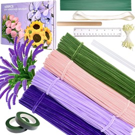 400Pcs Pipe Cleaners Craft for Flowers – Pipe Cleaners Bulk with 5 Assorted Colors Chenille Stems for DIY Flower Making Kit, Includes Floral Wires, Tape, Stamen and Ribbon(Purple)