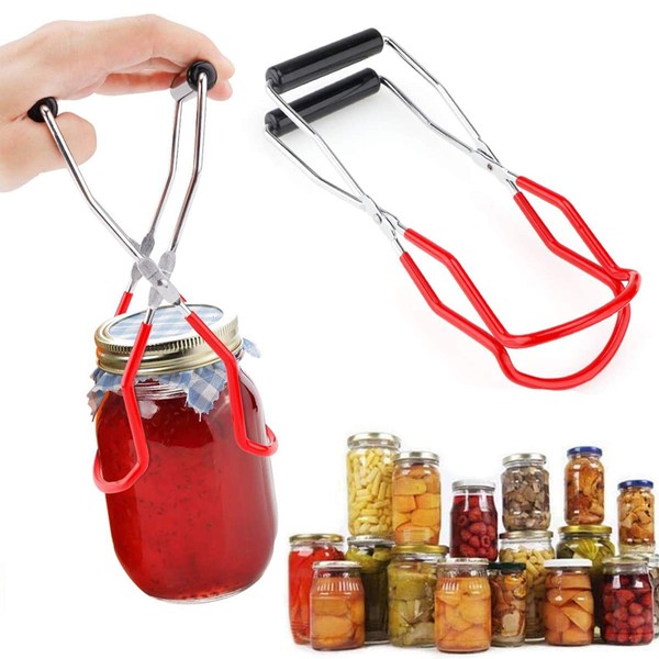 Canning Jar Lifter Tongs, Stainless Steel Jar Lifter with Rubber Grips - for Slip Wide-Mouth Clip for Kitchen Restaurant (Red)