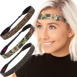 Hipsy Women's Adjustable Non Slip Cute Fashion Wide Bling Glitter Hair Headband 3-pack (Black/Autumn Rose/Brown)