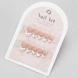 Manual Press on Nails Short Round Fake Nails Acrylic Transparent Nail Press ons White French Tip Color Dots Designs Oval Glue on Nails Glossy Artificial Stick on Nails for Women 24Pcs