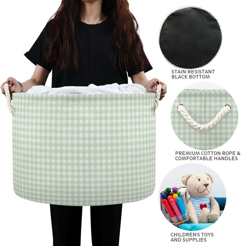 Takiito Green Gingham Checkered Storage Basket for Organizing, Fabric Collapsible