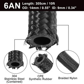 10ft 6AN Fuel Hose AN6 3/8 Universal Braided Nylon Stainless Steel CPE Oil Fuel Gas Line Hose Black