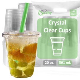 Clear Plastic Disposable Cups with Lids and Smoothie Straws 100 count - 20 oz (ounces) Clear PET Cup for Smoothies, Protein Shakes, Bubble Tea, Iced Coffee, Boba, Fresh Juice, Meal Prep, Party Cup