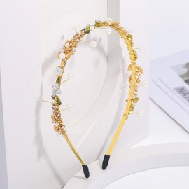 Formery Pearl Flower Headband Gold Leaf Rhinestones Hairband Wedding Party Prom Handmade Crystal Headpiece for Women and Girls