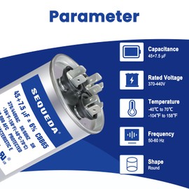 SEQUEDA 45+7.5 uF ±6% 370V/440V CBB65 CBB65A Dual Run Start AC Capacitor 45+7.5 MFD for Fan Motor Start or Heat Pump, Pool Pump and Condenser Straight Cool