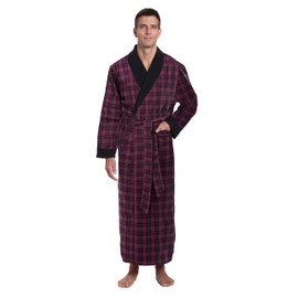 Noble Mount Mens Robe - 100% Cotton Mens Flannel Robe - Fleece Lined - Black/Burgundy Plaid - Small/Medium