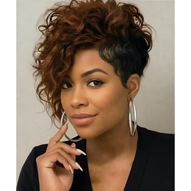 SEVENCOLORS Short Brown Curly Wigs for Black Women Pixie Cut Bob Wigs Synthetic Hair Short Wavy Wigs with Bangs Asymmetrical Brown and Black Wig