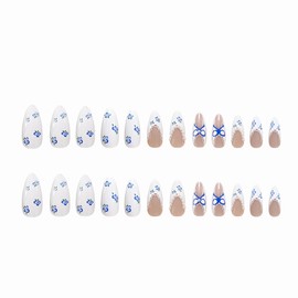 BABALAL Press on Nails Almond Medium Fake Nails White French Tip Glue on Nails Blue Bow Acrylic Nails 24Pcs Stiletto False Nails with Design Gloosy Nail Supplie Diy Art Artificial Nails