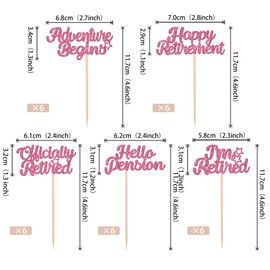 30 piezas de adornos para magdalenas de jubilación feliz con purpurina oficialmente retirado Hello Pensian Magdalenas Adventwre Begin I'm jubilado, decoraciones de pasteles para jubilación, suministros de fiesta de cumpleaños, color rosa