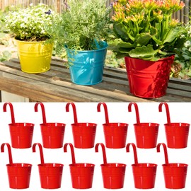LOVOUS 5.1" x 3.5" x 4.1" Iron Hanging Planters Multicolor Flower Pots Balcony Garden Railing Planter, Fence Hanging Metal Bucket Plants Holders Set for Indoor and Outdoor, 12PCS, Red