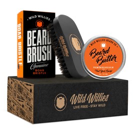 Wild Willies Natural Boar Bristles Beard Brush & Beard Balm Leave-In Conditioner Kit, Boar Brush & Beard Butter - Travel Size, Ergonomically-Designed Handle, Promotes Fast Beard Growth & Removes Itch