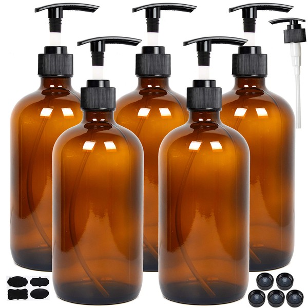 Youngever 5 Pack Empty Amber Glass Pump Bottles, 8 Ounce Lotion Pump Bottles, Soap Dispenser, Refillable Containers, Durable Black Pumps