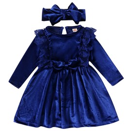 Baby Dress Girls Long Sleeve Lace A Line Princess Velvet Dress + Headband Wedding Festive Autumn Winter Clothing, royal