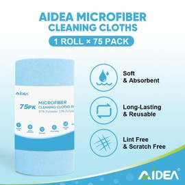 AIDEA Blue Microfiber Cleaning Cloth Roll-75PK, Reusable Paper Towels, Tear Away Towels, Washable Shop Rags, Microfiber Towels for Cars, Lint Free Cleaning Rags for House, Kitchen, Window-11.5"×11.5"