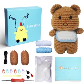 EyheeKnit Kids Crochet Kit for Beginners, Crochet Starter Kits, Crochet Animal Kit Learn to Crochet Kits, Easy Knitting for Beginners Kit with Video Tutorials, Brown Bear