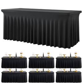 Htper 6 Pack Spandex Black Table Clothes for 6 Foot Rectangle Tables, Wrinkle Free Table Cloth Fitted Tablecover Stretchy Tablecloths with Skirt for Parties Wedding Banquet