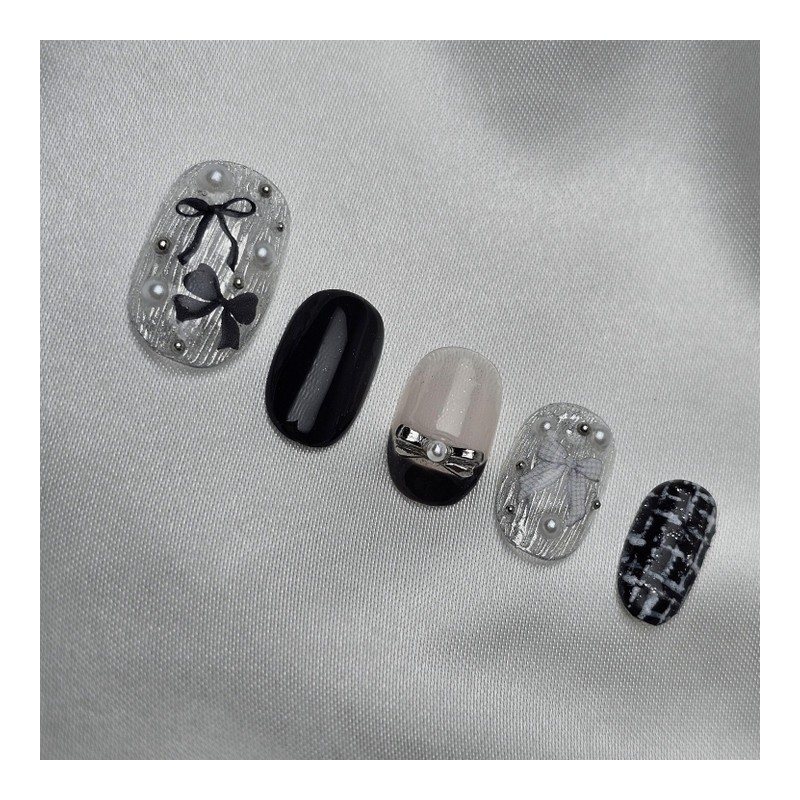 Black Silver Ribbon [Handmade Nail Tips] Emily Nail - Mini