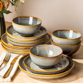 TheTerra Ceramic Dinnerware Set for 4, 12-Piece Plates and Bowls Set | Handmade Reactive Glaze Dish Set, Scratch Resistant, Oven & Microwave & Dishwasher Safe, Dusk Blue
