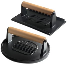 XUDAKAIXIN Cast Iron Smash Burger Press (2PCS),Grill Bacon Meat Press Tool,Perfect for Blackstone, Camp Chef, Weber Grills & Indoor Griddles – BBQ & Cookout Must-Have (Round & Rectangle -Grooved)