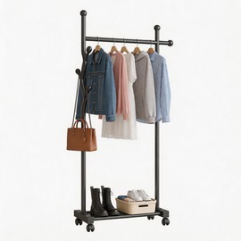 MYUPDALIN Freestanding Garment Rack with Wheels, Rolling Clothes Rack with Bottom Shelf, Clothing Organizer for Bedroom, Laundry Room, Boutique, Black Metal
