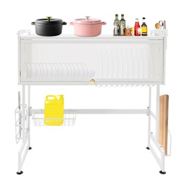 Dish Drying Rack, 2-Tier Adjustable Over The Sink Dish Drainer Drying Rack, 29.53 * 11.81 * 31.5in Carbon Steel Large Sink Rack for Kitchen (White)