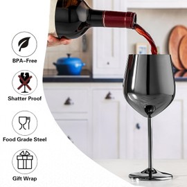 WOTOR Black Wine Glasses Set of 2, 18oz Stainless Steel Wine Glasses, Unbreakable & Portable Stemmed Metal Wine Glass for Outdoor, Travel, Camping and Pool, Ideal Gift for Wine Lovers (Black)