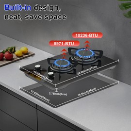Cooksir 12 inch Gas Stove, 2 Burners Propane Cooktop Bulit-in, Indoor Cooktop Suitable for Dual Fuel LPG/NG, Tempered Glass Gas Stove Top for Kitchen, Apartment, Indoor, 110-120V Plug in